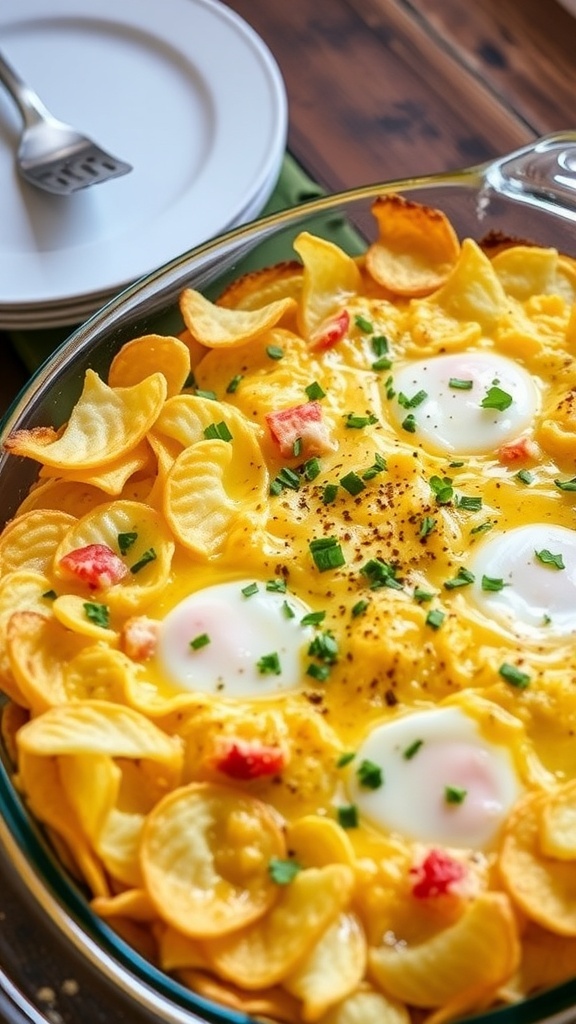 A baked egg and potato chip dish with melted cheese and herbs, served on a rustic table.